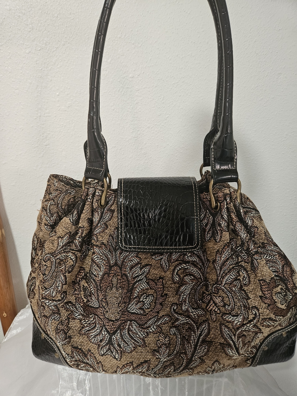 Brown Tapestry Shoulder Bag with Black Trim